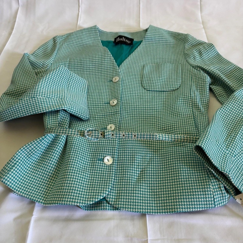 vintage 90s Teal green Houndstooth Belted Blazer office siren career CEO size 10 - Picture 10 of 10